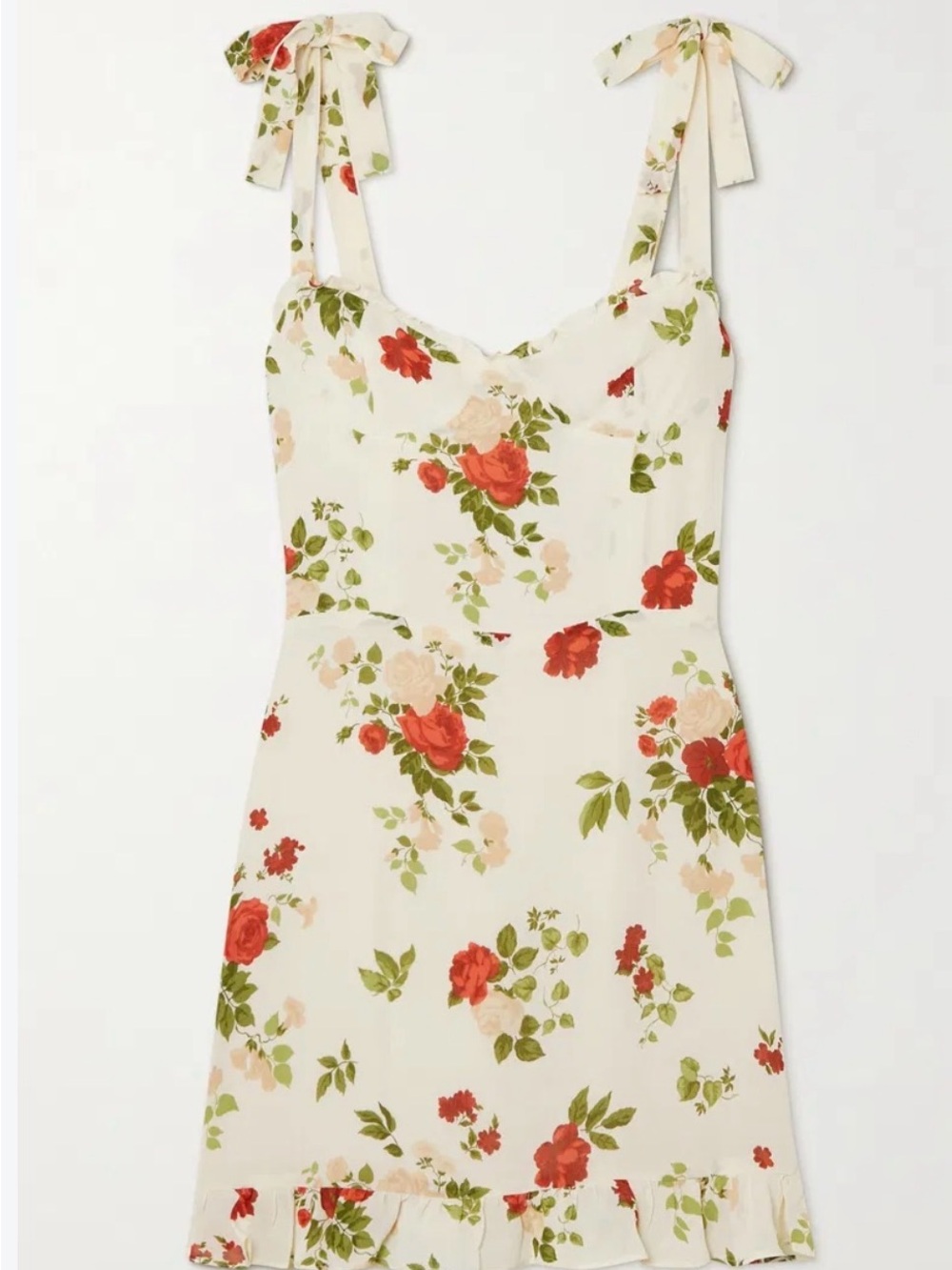 Reformation Cream Mini Dress with Red Rose Print